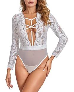 LINGERLOVE Sexy Teddy-Dessous für Frauen, einteiliger Spitzen-Bodysuit, Nachtwäsche, langärmelig, Babydoll, tiefer V-Ausschnitt, Oberteil S-4XL, weiß, 3XL/4XL von LINGERLOVE