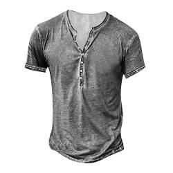 Herren T Shirt Top Herrnen mit Gummizug Bluse Slim mit Druckknöpfen Gemustertes Summe Blusentops Herren Cool Henley Longsleeve Strand Grau 25 von LINGHAOEU