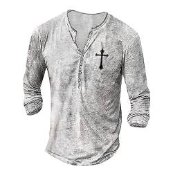 Slim Fit T-Shirt Herren Bluse Herren mit Knöpfen Bluse Lässige Fullprint Leichtes Slim Worke Blusentops Männer Henley Frühling Langärmliges Silber 84 von LINGHAOEU