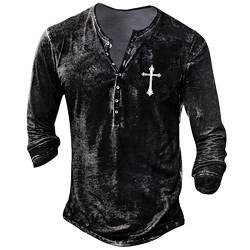 T Shirt Herren V Ausschnitt T-Shirts Herren Stretch Langarm T Shirt Dünn mit Knopfleiste Grafisches Wander Oberteil Herren Frühling Henley Vintage Schwarz 64 von LINGHAOEU