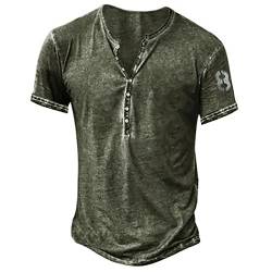 T Shirt V Ausschnitt Herren T-Shirts Herren Henley Ausschnitt T-Shirts Frühling Luftige Knöpfen Kurzar Poloshirt Herren Slim Fit mit Print Sport Stil Armeegrün 96 von LINGHAOEU