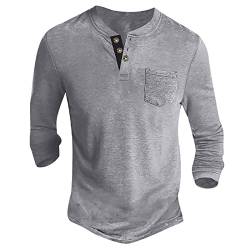 T Shirt Vintage Herren Oberteile Männer Muster Retro Henley Dünn Work Bluse Weich mit Druckknöpfe Blusen Herren Summer Langarm Hellgrau 109 von LINGHAOEU