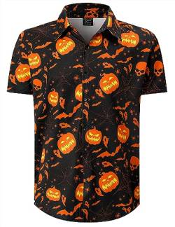 Herren Kürbis Shirt Männer Halloween Kostüm Kurzarm Knopf Nach Oben Hemd, Schwarz, Mittel von LINOCOUTON