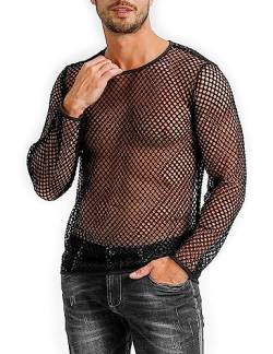 Herren Mesh Fischnetz See Through Durchschauen Shirt Langarm Muskel Unterhemden Tee Tops, Schwarz, X-Large von LINOCOUTON