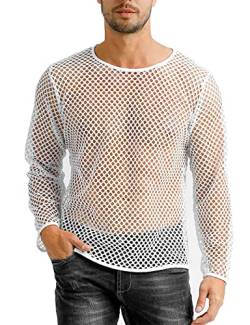 Herren Mesh Fischnetz See Through Durchschauen Shirt Langarm Muskel Unterhemden Tee Tops, Weiß, XX-Large von LINOCOUTON