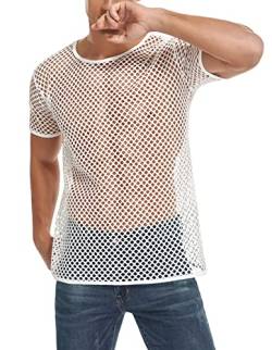 Herren Mesh Fischnetz See Through Shirt Kurzarm Muskel Unterhemden Tee Tops, Weiß, XX-Large von LINOCOUTON