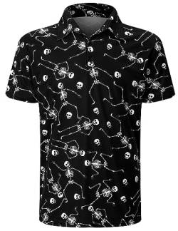 Herren Skelett Shirt Hemd Männer Halloween Kostüm Kurzarm Poloshirt, Schwarz, X-Large von LINOCOUTON