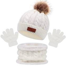 3 in1 Kinder Wintermütze Schal Handschuhe Set, Mädchen Winter Beanie Hut Schal Handschuhe Set,Mädchen Strickmütze Set, Mädchen Winter Beanie Hut Handschuhe Runder Schal Set für Kinder 2-7 Jahre von LINSOCLE