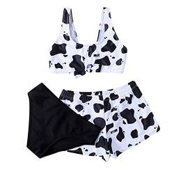 Girls' Crisscross Summer Print Floral Back Three-Piece Cute Swimsuit Cow Girls Swimwear (Black, 11-12 Years) von LINYOUY