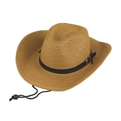 LIOOBO Männer Westlichen Cowboyhut Breiter Krempe Sonnencreme Hut Stroh Gewebt Hut mit Riemen im Freien Cowboy Cowgirl Strand Sonnenhut Kostümzubehör (Khaki) von LIOOBO