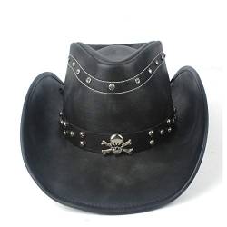 LIOONS 100% Leder Damen Herren Schwarz Western Cowboyhut mit aufrollbarer Krempe Punkgürtel Jazz Sombrero Cap Dad Hat von LIOONS