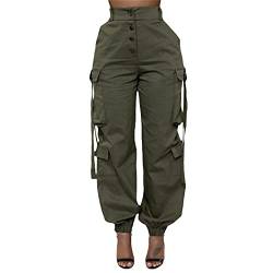 Solide grüne Cargo-Hose, Damen, Herbst, lange Sweathose mit Taschen, hohe Taille, Knopf, Freizeithose, grün, M von LIOPJH
