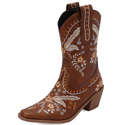 LIPIJIXI Damens Embroidered Cowgirl Stiefel Pull On Cowboy Stiefel für Frauen Blumen Low Chunky Heel Western Stiefel Brown Hochzeit Braut Dress Ankle Stiefeletten von LIPIJIXI