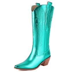 LIPIJIXI Metallic Cowboy Stiefel für Frauen Embroidered Western Stiefel Low Chunky Heel Pull On Cowgirl Stiefel Green Pointed Toe V-neck Knee Hohe Stiefel von LIPIJIXI