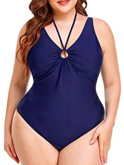 LISEFO Badeanzug Damen Große Größe Einteilig Monokini V Ausschnitt Plus Size Bademode Swimsuit Bikini,Blau,4XL von LISEFO