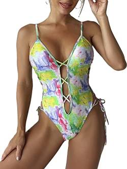 LISEFO Damen Badeanzug Einteilig Tiefer V-Ausschnitt Selbstbindung Einstellbar Tie-Dye Einteilige Bademode Swimsuit Bikini,Grün,XL von LISEFO