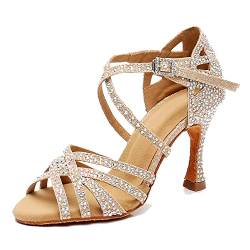 LITNERMIA Damen Hochzeit Party Sandalen Peep Toe Cross Strap Strass Tango Ballsaal Latein Tanzschuhe, La1204a Champagner, 9 cm Absatz, 39.5 EU von LITNERMIA