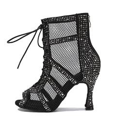 LITNERMIA Damen Knöchel Tanzstiefel Party Performance Ballsaal Schnürschuh Mesh Latein Tanzen Peep Toe Schuhe, Al446b Schwarz 9 cm Absatz, 36.5 EU von LITNERMIA