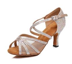 LITNERMIA Damen Peep Toe Mesh Strass Hochzeit Party Sandalen Moderne Latein Tanzschuhe, Beige 7 cm Absatz, 39 EU von LITNERMIA