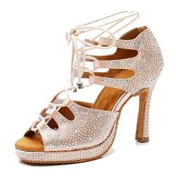 LITNERMIA Damen Schnürer Flared Heel Strass Tango Modern Latein Tanzschuhe Hochzeit Party Sandalen, Beige Plateau, 10 cm Absatz, 40.5 EU von LITNERMIA