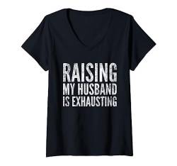 Damen Raising My Husband Is Exhausting Funny T-Shirt mit V-Ausschnitt von LITSHOGEN