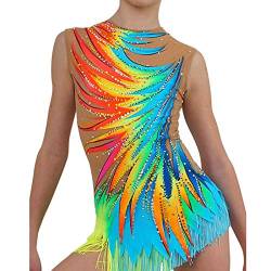 LIUHUO Frauen Tanz Rhythmische Gymnastik Trikot Mädchen Bunte Diamant Quasten Wettbewerb Leistung, Blau, Kids 11-13 von LIUHUO