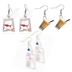LIUJZZJ 3 Paare lustige Acryl Goldfisch Wasserflasche Anhänger Ohrringe niedlichen Perlmilch Tee baumeln Ohrringe für Mädchen von LIUJZZJ