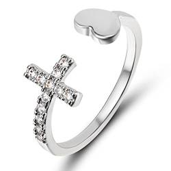 LIUJZZJ Kreuz & Herzring Silber Verstellbare Offene Kreuz Liebesringe Inspirierender Ring der Niemals Aufgibt von LIUJZZJ