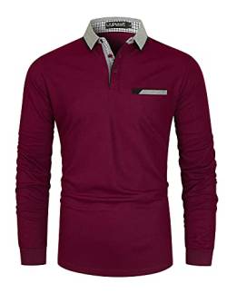 LIUPMWE Herren Poloshirts Langarm Baumwolle Polohemd Basic Casual Fitness Einfarbig Golf T-Shirt mit Brusttasche S-2XL,Rot,L von LIUPMWE