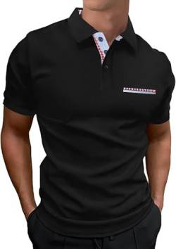 LIUPMWE Poloshirt Herren Kurzarm Polohemd Karierter Kragen Hemd T-Shirt Sommer Slim Fit Golf Sports,Schwarz,M von LIUPMWE