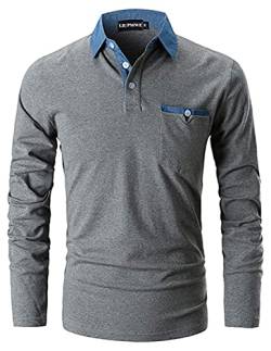 LIUPMWE Poloshirt Herren Langarm Golf T-Shirt Einfarbig Slim Fit Denim Polo Shirts Baumwolle Polohemd,Grau,L von LIUPMWE