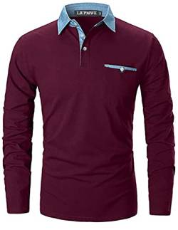 LIUPMWE Poloshirt Herren Langarm Golf T-Shirt Einfarbig Slim Fit Denim Polo Shirts Baumwolle Polohemd,Rot,L von LIUPMWE