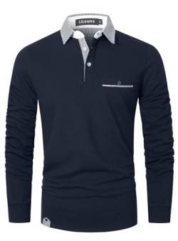 LIUPMWE Poloshirt Herren Langarm Polos Slim Fit Klassisch Kariert Kragen Baumwolle Golf T-Shirts Casual Polo Shirts,Blau-12,L von LIUPMWE