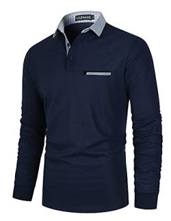 LIUPMWE Poloshirt Herren Langarm Slim Fit Denim Nähen Einfarbig Männer Golf Polo Shirts Baumwolle Polohemd,3XL,Marine von LIUPMWE