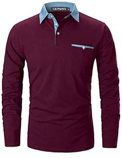 LIUPMWE Poloshirt Herren Langarm Slim Fit Denim Nähen Einfarbig Männer Golf Polo Shirts Baumwolle Polohemd,3XL,Rot von LIUPMWE