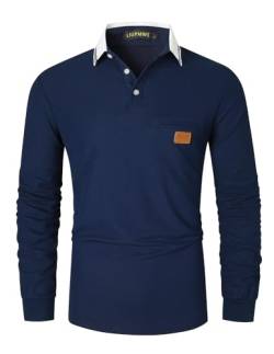 LIUPMWE Poloshirts Herren Langarm Golf Poloshirts mit Tasche Kontrastfarbe Ausschnitt Baumwolle Basic Polohemd T-Shirt,Blau-40,XXXL von LIUPMWE