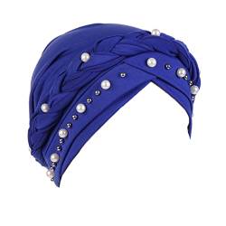 LIUPUUDLY Turban Damen Chemo Mode Kopftuch Kopfbedeckung mit Perle Beanie Mütze Haarausfall Hut Schlafmütze (Königsblau) von LIUPUUDLY