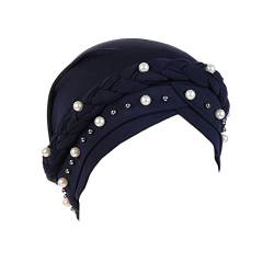 LIUPUUDLY Turban Damen Chemo Mode Kopftuch Kopfbedeckung mit Perle Beanie Mütze Haarausfall Hut Schlafmütze (Navy Blu) von LIUPUUDLY