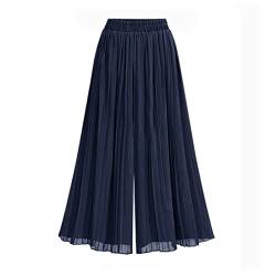 Hosen Damen, Damen-Chiffon-Hose Mit Weitem Bein Einfarbig Plissiert Elastisch Hohe Taille Palazzo-Hose Sommer Elegante Locker Geschnittene Hose Gerade Beinhose Fließende Culottes-Hose,Marineblau,M von LIUYUYOUGO