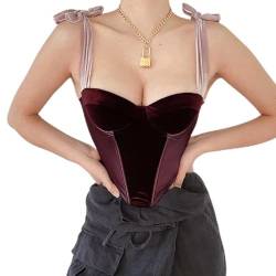 LIUYUYOUGO Corset Top,Frauen Sexy Korsetts Vintage Elegant Einfarbig Burgunderrot Samt Sommer Slim Bow Straps Bustier Korsett Top Push Up Crop Tops BH Camis Rückenfreie Weste Für Clubwear Party,L von LIUYUYOUGO