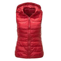 LIUYUYOUGO Damen Weste，Damen Steppweste Mit Kapuze Lässige Kurze Plus Size Roter Reißverschluss Taschen Glänzende Steppweste Gepolstert Winddichter Bodywarmer Ärmellose Jacke Wintermantel Weste,3XL von LIUYUYOUGO