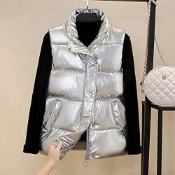 LIUYUYOUGO Daunenweste Damen,Damen Steppweste Casual Sport Paare Kurz Verdicken Silber Glänzend Stehkragen Reißverschluss Winter Winddicht Bodywarmer Weste Gepolsterte Ärmellose Jacke Mantel Weste,L von LIUYUYOUGO