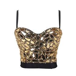 LIUYUYOUGO Korsagen Für Damen,Frauen Sexy Korsetts Luxus Glänzende Pailletten Perlen Goldener Sommer Schlanke Spaghettiträger Bustier Korsett Top Push Up Crop Tops BH Camis Rückenfreie Weste Fü von LIUYUYOUGO