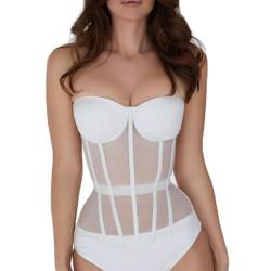 LIUYUYOUGO Korsett Oberteil,Korsetts Für Frauen Sexy Schlichte Weiße Perspektive Mesh Bustier Korsett Tops Ärmellos Lace Up Ohne Knochen Vollbrust Push Up Korsett Shapewear Party Clubwear Mieder,M von LIUYUYOUGO