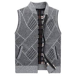 LIUYUYOUGO Pullunder Für Herren,Herren Strickwesten Casual Plus Samt Durchgehender Reißverschluss Jacquard Stehkragen Hellgrau Herbst Winter Verdicken Warm Ärmellose Tasche Strickjacke Slipover W von LIUYUYOUGO