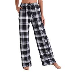 LIUYUYOUGO Pyjamahose Damen Lang,Weiche Bequeme Pyjamahose Für Damen Lässiger Sport Locker Schwarz-Weiß Karierter Druck Stretch Kordelzug Schlafhose Weites Bein Loungehose Yogahose Home Loungewea von LIUYUYOUGO