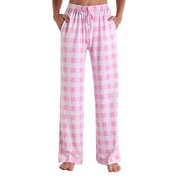 LIUYUYOUGO Schlafanzughosen Für Damen,Damen Weiche Bequeme Pyjamahose Lässig Klassischer Rosa Weiß Karierter Druck Stretch Kordelzug Schlafhose Weites Bein Loungehose Yogahose Home Loungewear Mit von LIUYUYOUGO