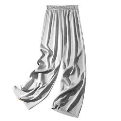 LIUYUYOUGO Stoffhose Damen, Damen-Satin-Hose Mit Weitem Bein Mode Einfarbig Dehnbare Taille Gesmokte Hose Elegante Palazzo-Hose Lässige Leichte Bequeme Sommerhose Gerade Beinhose Unterteile,Hellgra von LIUYUYOUGO