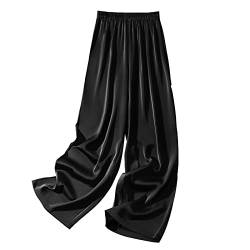 LIUYUYOUGO Weite Hose Damen, Damen-Satin-Hose Mit Weitem Bein Mode Einfarbig Stretch-Taille Gesmokte Hose Elegante Palazzo-Hose Lässige Leichte Bequeme Sommerhose Straight Leg Pants Bottoms,Schwarz von LIUYUYOUGO