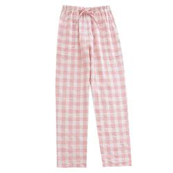 YSGE Pyjama Hosen Damen,Karierte Pyjamahose Für Damen, Lässig, Locker, Baumwolle, Gaze, Rosa, Kariert, Frühling, Weich, Gemütlich, Schlafhose, Stretch, Kordelzug, Weites Bein, Yogahose, Lounge, Heimk von LIUYUYOUGO